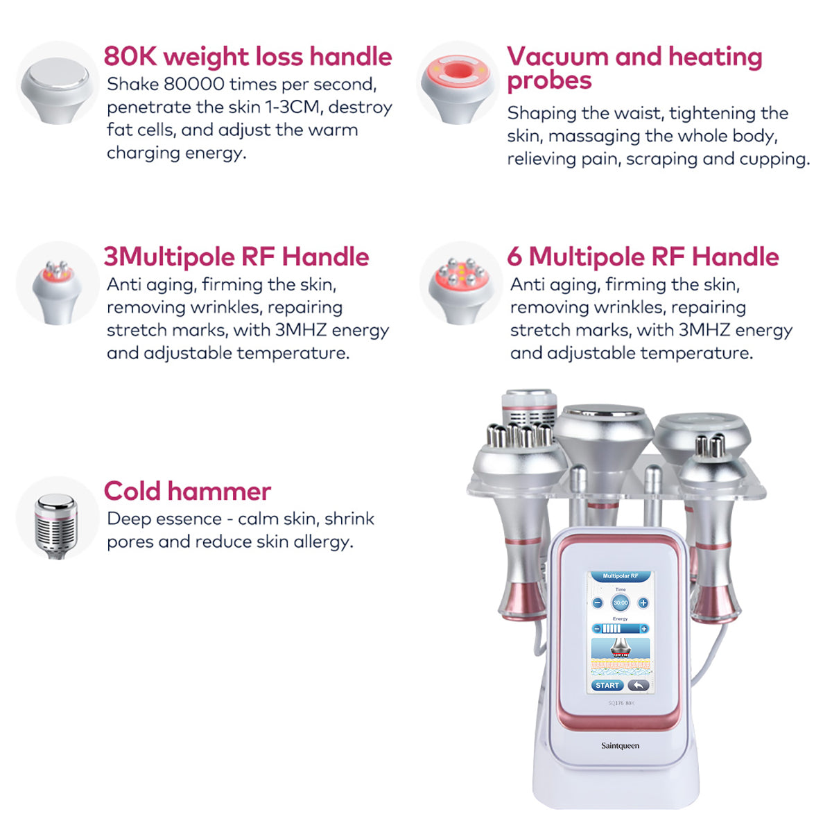 SQ176B Pro, 5in1 80K Cavitation  Machine, Multi-Polar RF Skin Firming Facial Lifting Vacuum Massage Cold Therapy Body Contouring Beauty Device for Home & Professional Salon Use