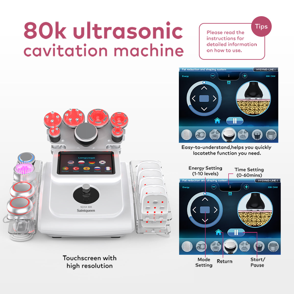 SQ154B Max, 11in1 80K Machine, Multi-Pole RF Vacuum Negative Pressure EMS Laser BIO&LED Cold Head, Skin Firming Body Shaping Anti-Aging Skin Lifting