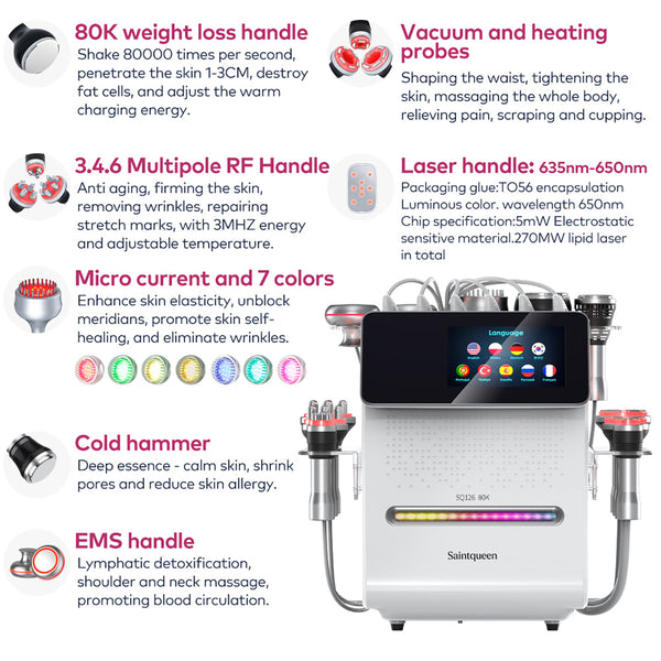 SQ126A Max, 11in1 80K Lipolaser Cavitation Machine, Multi-Polar RF Vacuum Cupping Cold Head Laser BIO-LED EMS Body Shaping Skin Lifting Anti-Aging Beauty Machine For Salon Home Use