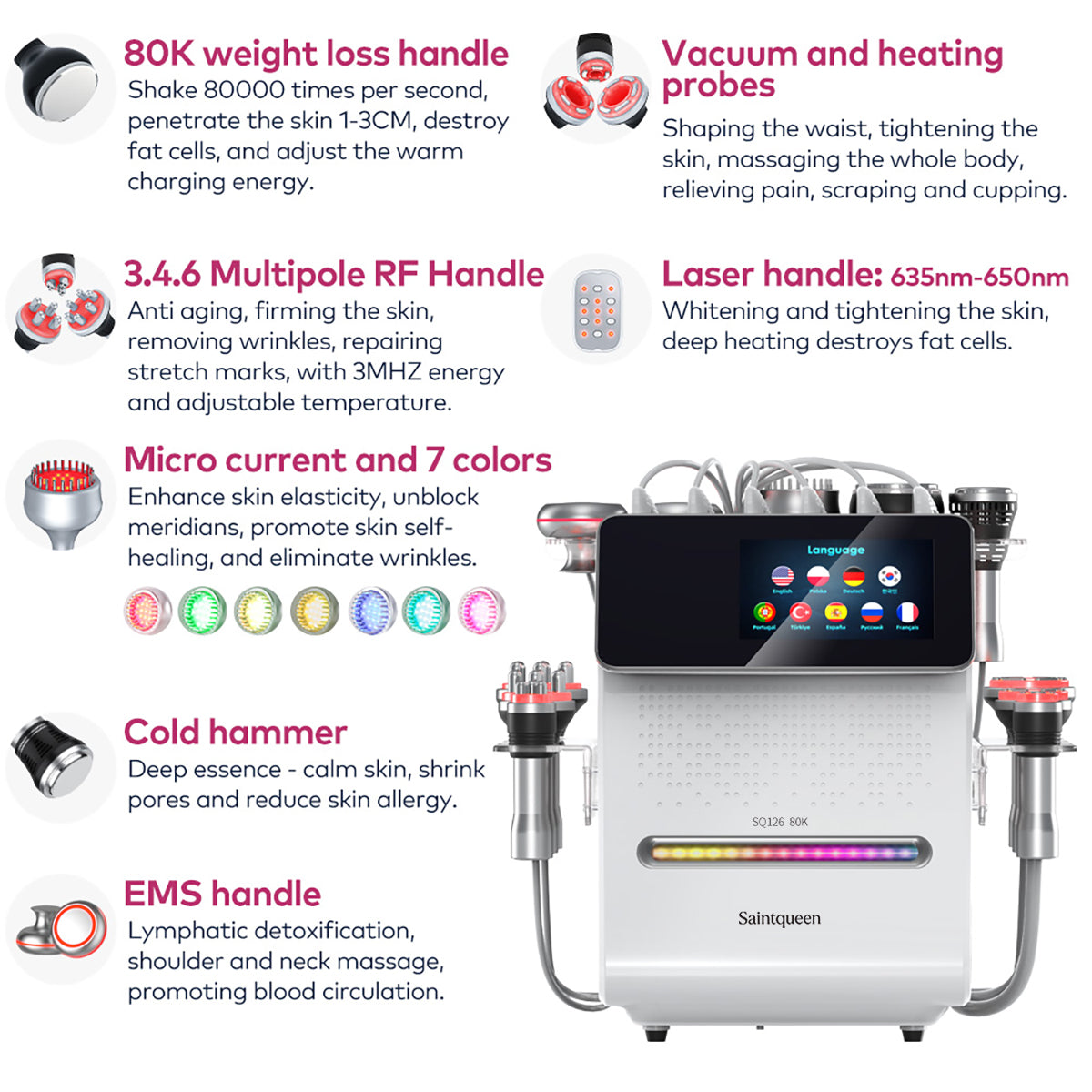 SQ126B Max, 11in1 80K Cavitation Machine Multifunctional RF Vacuum Cold Head Laser BIO-LED EMS Pads Body Sculpting Skin Lifting Beauty Device for Salon Home Use