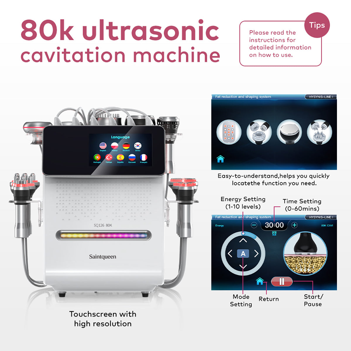 SQ126B Max, 11in1 80K Cavitation Machine Multifunctional RF Vacuum Cold Head Laser BIO-LED EMS Pads Body Sculpting Skin Lifting Beauty Device for Salon Home Use