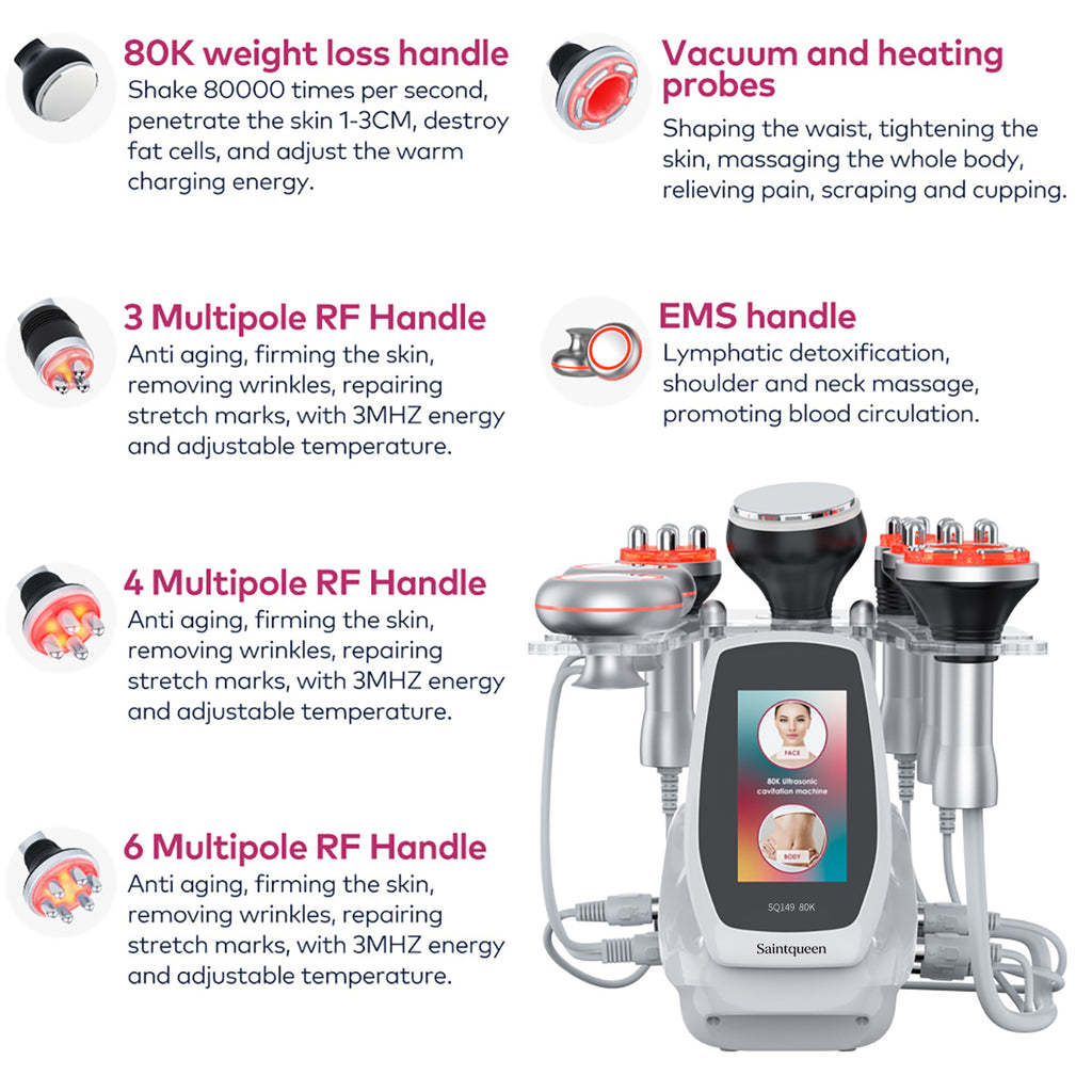 SQ149 Pro 6in1 80K Ultrasonic Cavitation Body Sculpting Machine, Multi-polar RF Skin Lifting, Vacuum Massage & EMS Body Contouring Device for Body Shaping Facial Tightening