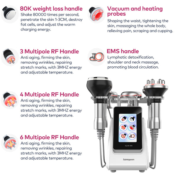 SQ148B Pro, 6in1 80K Cavitation Machine, Multipolar RF EMS Negative Pressure Body Sculpting Machine, Skin Lifting Tightening for Face & Body