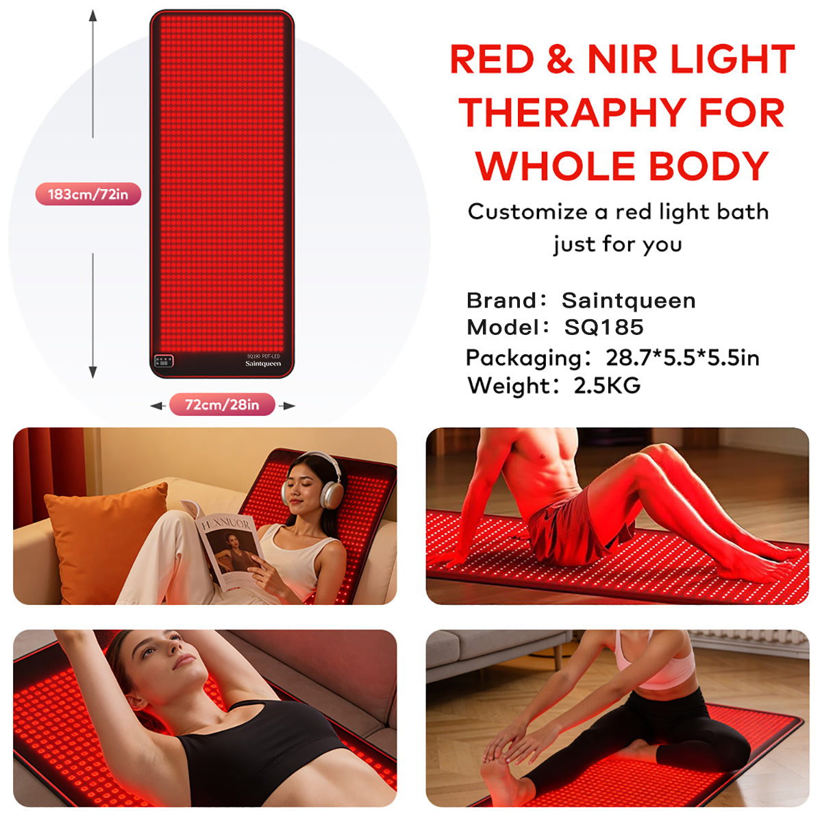 SQ190 Red Light Therapy Pad, 1344 LEDs Near-Infrared Light Therapy Mat 620-625nm 520-525nm 465-470nm 845-850nm Multi-Color Light Therapy Device