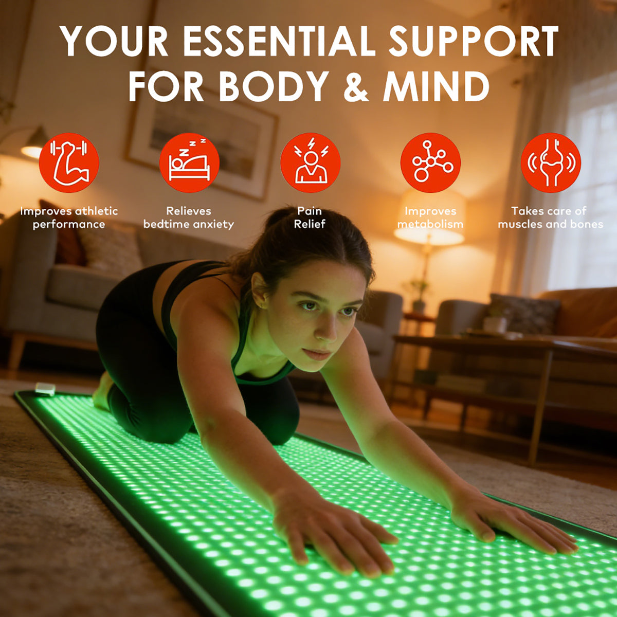 SQ190 Red Light Therapy Pad, 1344 LEDs Near-Infrared Light Therapy Mat 620-625nm 520-525nm 465-470nm 845-850nm Multi-Color Light Therapy Device