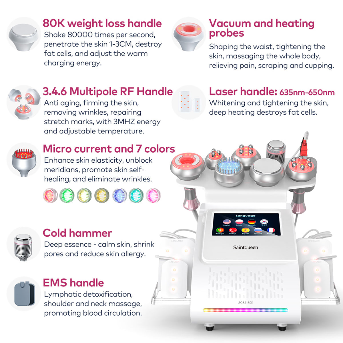 SQ85D Plus, 9in1 80K Ultrasonic Cavitation Machine, Multi-Pole RF Vacuum Lipo Laser Cold Hammer EMS Microcurrent Body Sculpting Skin Tightening Beauty Equipment