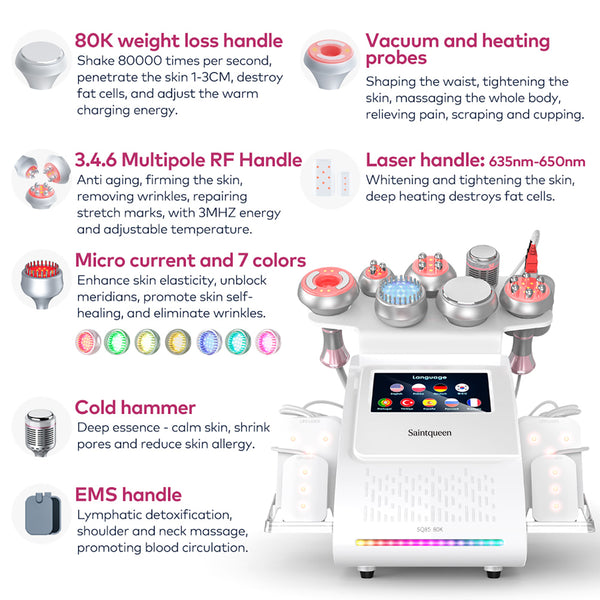 SQ85D Plus, 9in1 80K Ultrasonic Cavitation Machine, Multi-Pole RF Vacuum Lipo Laser Cold Hammer EMS Microcurrent Body Sculpting Skin Tightening Beauty Equipment