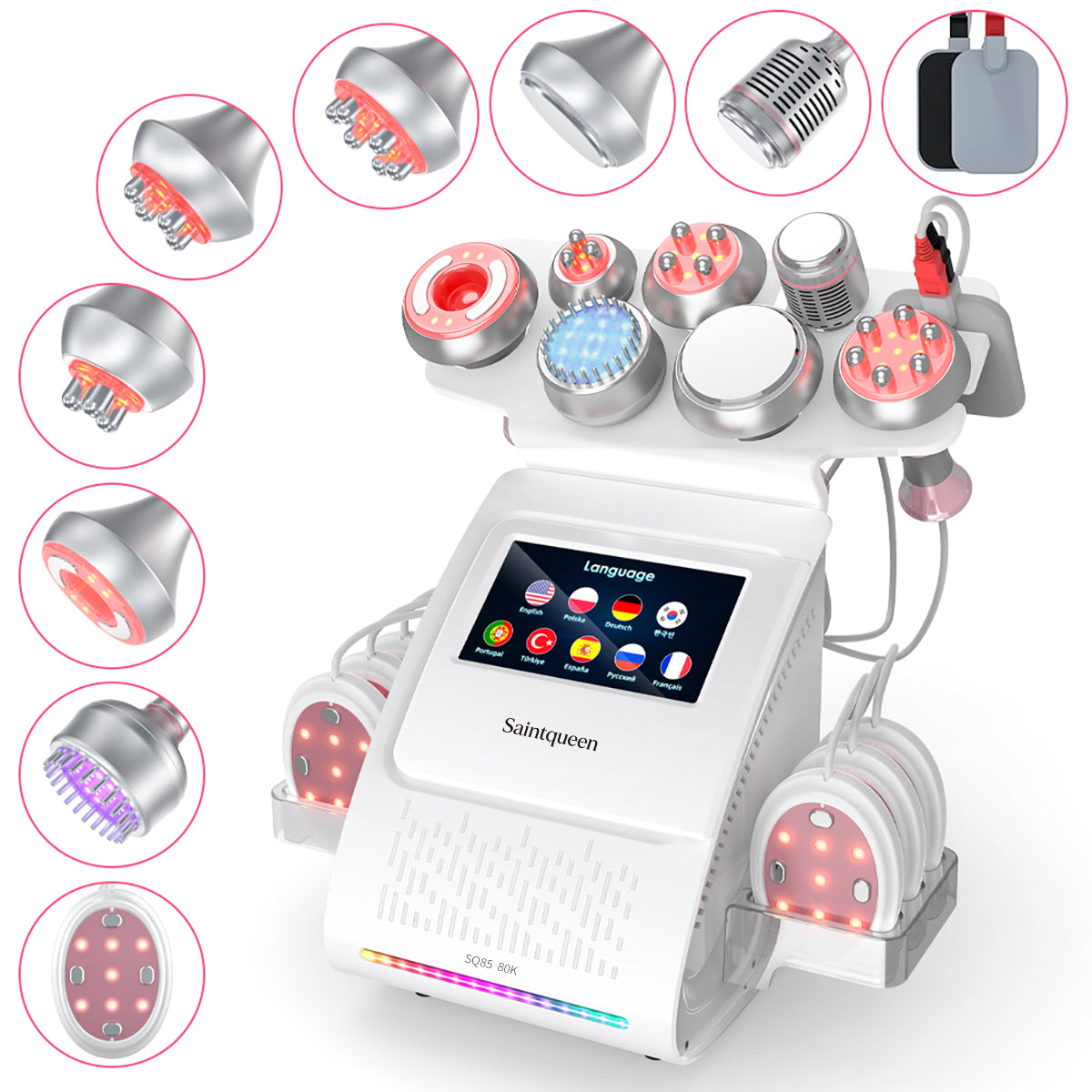SQ85E Plus 9in1 80K Cavitation Machine, Multifunctional Body Sculpting Beauty Device with RF Heating, Ice Cool Hammer, Microcurrent Patch, Meridian Brush, EMS Laser Plate Main image