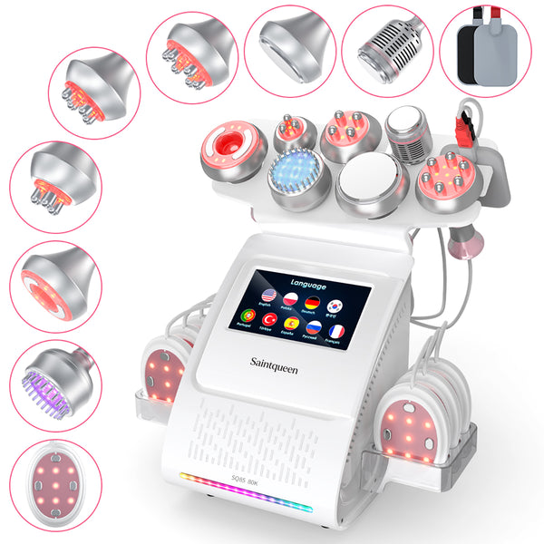 SQ85E Plus 9in1 80K Cavitation Machine, Multifunctional Body Sculpting Beauty Device with RF Heating, Ice Cool Hammer, Microcurrent Patch, Meridian Brush, EMS Laser Plate