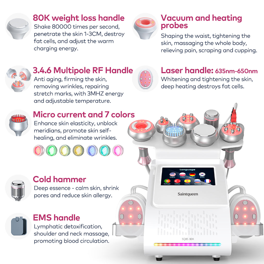 SQ85E Plus 9in1 80K Cavitation Machine, Multifunctional Body Sculpting Beauty Device with RF Heating, Ice Cool Hammer, Microcurrent Patch, Meridian Brush, EMS Laser Plate