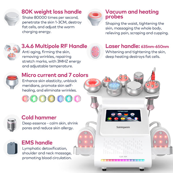 SQ85E Plus 9in1 80K Cavitation Machine, Multifunctional Body Sculpting Beauty Device with RF Heating, Ice Cool Hammer, Microcurrent Patch, Meridian Brush, EMS Laser Plate