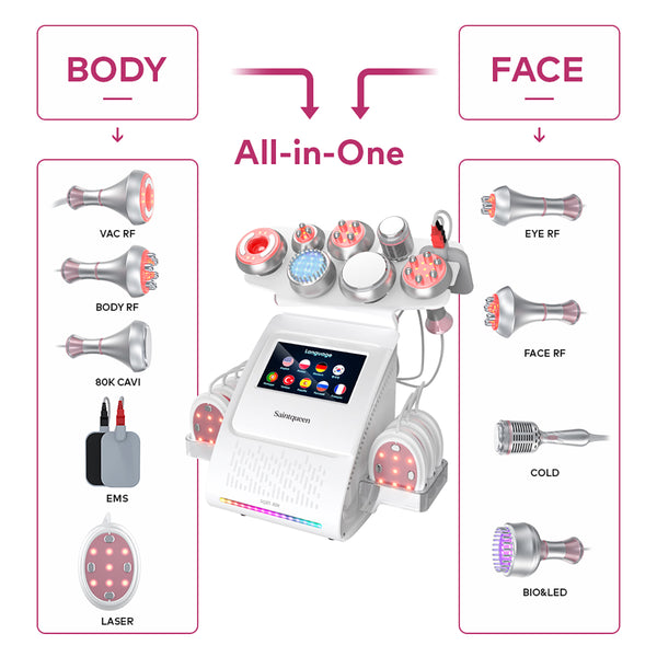 SQ85E Plus 9in1 80K Cavitation Machine, Multifunctional Body Sculpting Beauty Device with RF Heating, Ice Cool Hammer, Microcurrent Patch, Meridian Brush, EMS Laser Plate