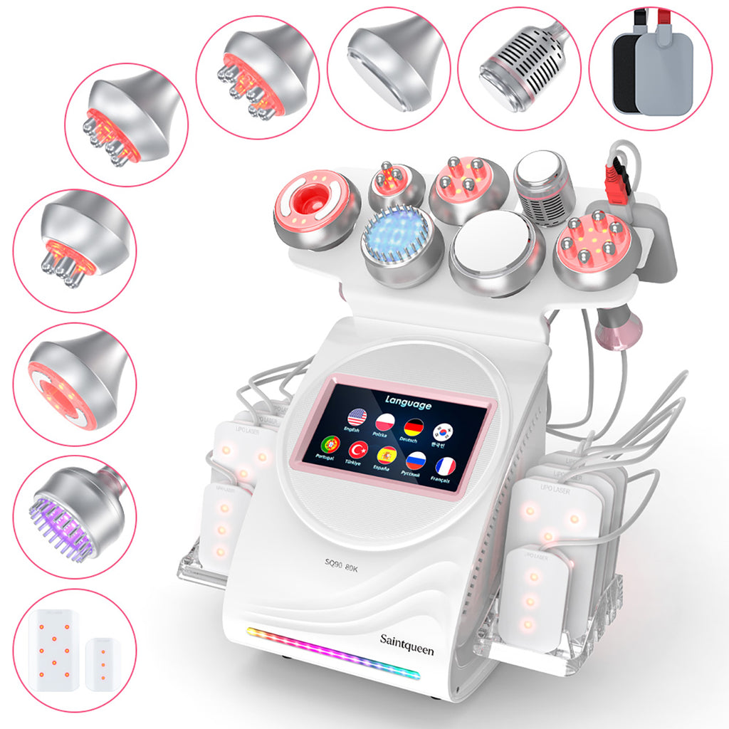 SQ90D Plus, 9in1 80K Ultrasonic Cavitation Machine | Multi-Polar RF Vacuum Lipo Laser Cold Hammer Meridian Brush Microcurrent Pad | Body Sculpting Skin Tightening Skin Smoothing