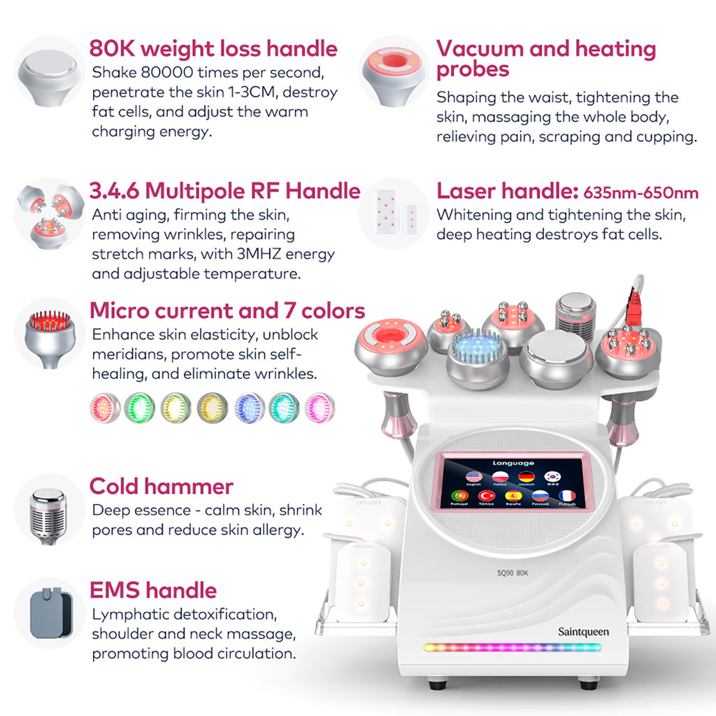 SQ90D Plus, 9in1 80K Ultrasonic Cavitation Machine | Multi-Polar RF Vacuum Lipo Laser Cold Hammer Meridian Brush Microcurrent Pad | Body Sculpting Skin Tightening Skin Smoothing