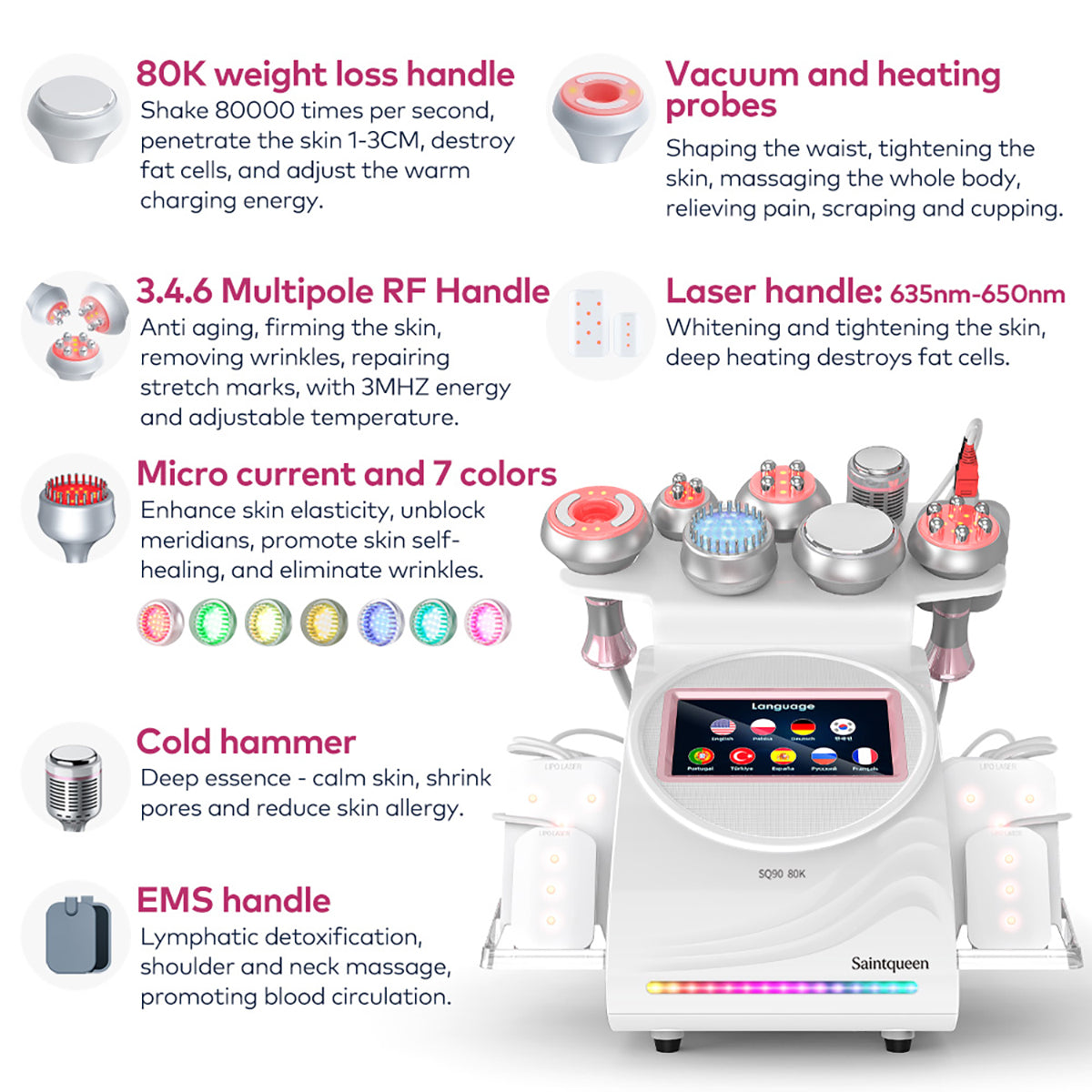 SQ90D Plus, 9in1 80K Ultrasonic Cavitation Machine | Multi-Polar RF Vacuum Lipo Laser Cold Hammer Meridian Brush Microcurrent Pad | Body Sculpting Skin Tightening Skin Smoothing