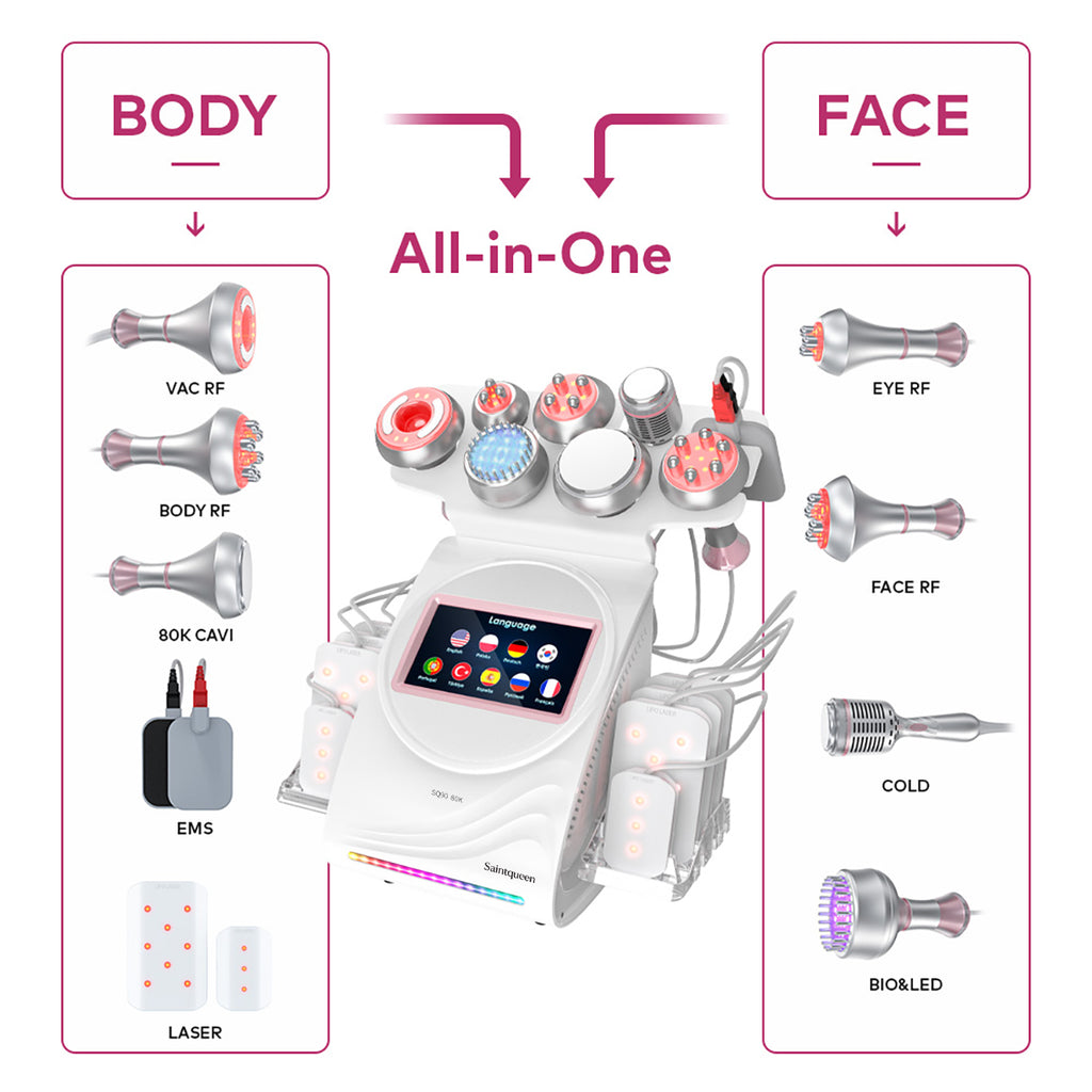 SQ90D Plus, 9in1 80K Ultrasonic Cavitation Machine | Multi-Polar RF Vacuum Lipo Laser Cold Hammer Meridian Brush Microcurrent Pad | Body Sculpting Skin Tightening Skin Smoothing
