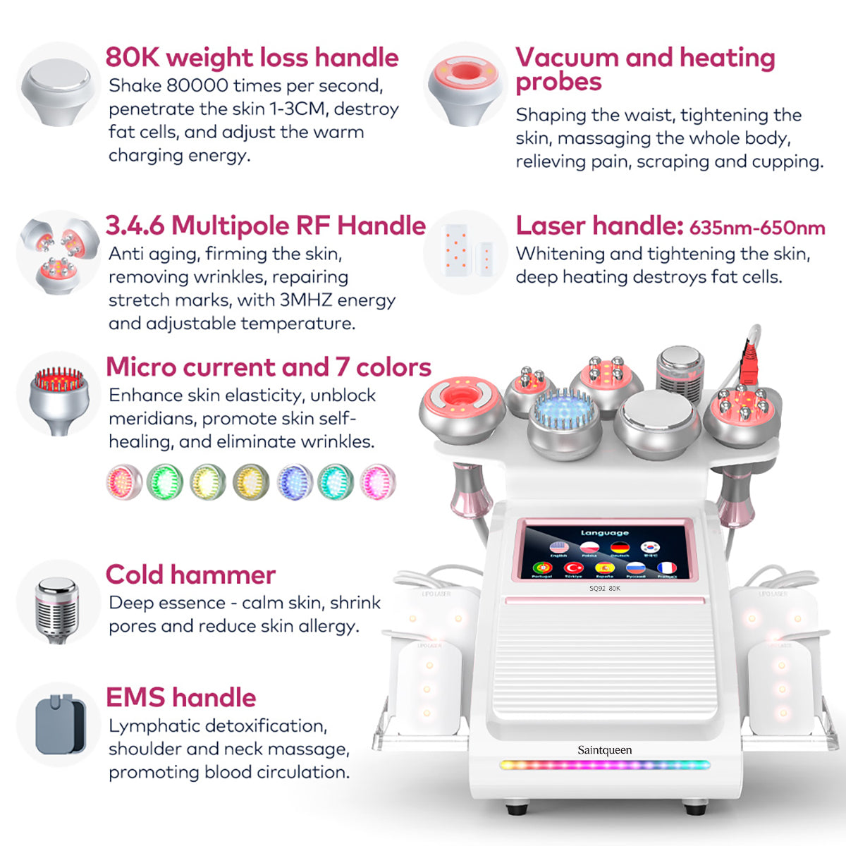 SQ92D Plus, 9in1 80K Cavitation Lipo Laser Body Machine, Multifunctional RF Body Sculpting Device with Ice Hammer, Meridian Brush, Microcurrent Pad Secondary image
