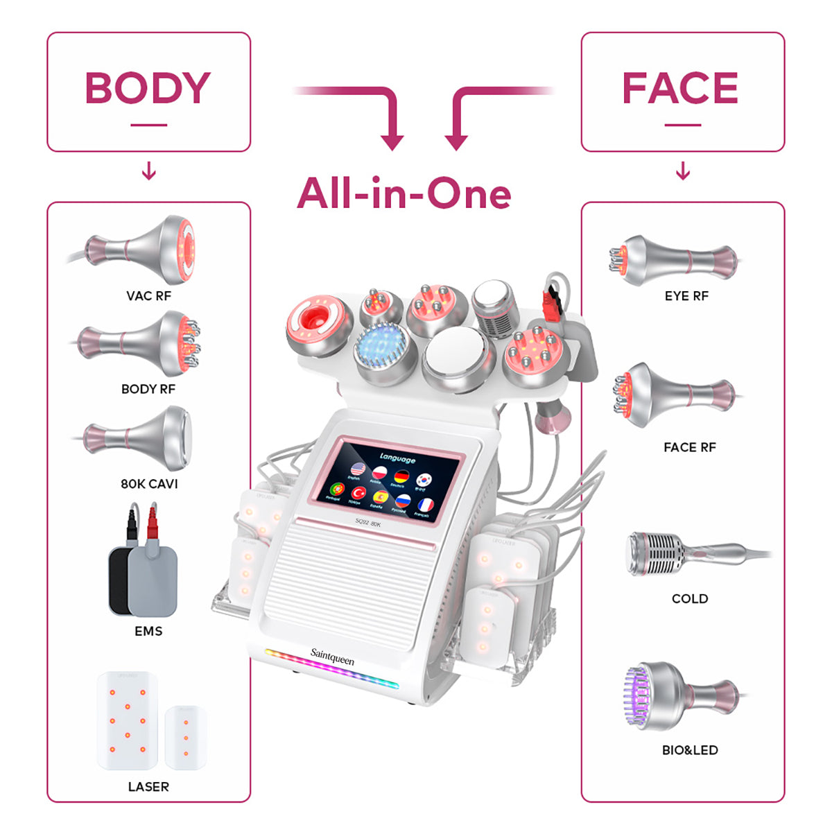 SQ92D Plus, 9in1 80K Cavitation Lipo Laser Body Machine, Multifunctional RF Body Sculpting Device with Ice Hammer, Meridian Brush, Microcurrent Pad