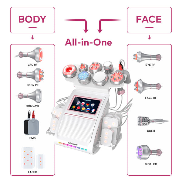 SQ92D Plus, 9in1 80K Cavitation Lipo Laser Body Machine, Multifunctional RF Body Sculpting Device with Ice Hammer, Meridian Brush, Microcurrent Pad