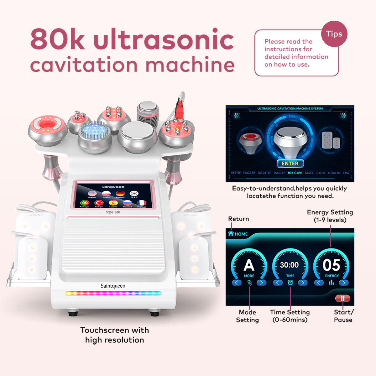 SQ92D Plus, 9in1 80K Cavitation Lipo Laser Body Machine, Multifunctional RF Body Sculpting Device with Ice Hammer, Meridian Brush, Microcurrent Pad