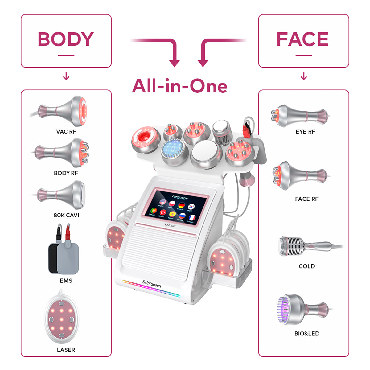 SQ92E Plus, 9in1 80K Cavitation Machine Multifunctional Body Shaping Device RF Radio Frequency Skin Tightening Ice Cold Hammer Microcurrent Massage