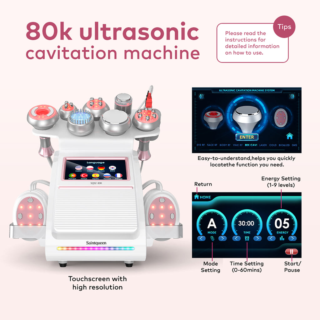 SQ92E Plus, 9in1 80K Cavitation Machine Multifunctional Body Shaping Device RF Radio Frequency Skin Tightening Ice Cold Hammer Microcurrent Massage