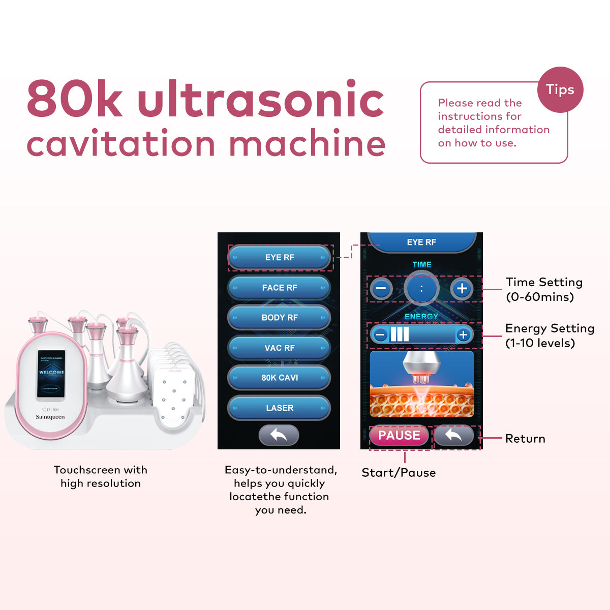 SQ121A Pro, 6in1 Body Sculpting Machine | 80K Cavitation, Multi-Polar RF, Vacuum RF, Laser Body Contouring Pads for Skin Firming Contouring Device