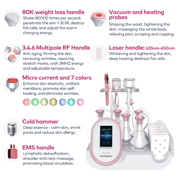 SQ121C Plus, 9in1 80K Cavitation Machine With Laser Lipo Pads Multi-Polar RF Vacuum EMS BIO LED Cold Hammer Body Sculpting Skin Tightening