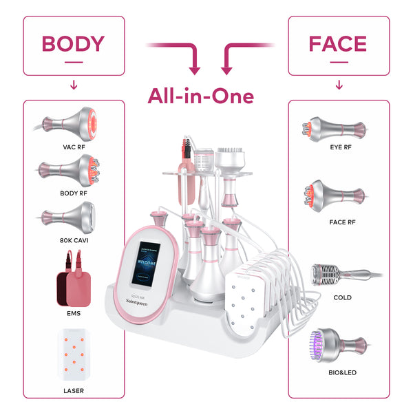 SQ121C Plus, 9in1 80K Cavitation Machine With Laser Lipo Pads Multi-Polar RF Vacuum EMS BIO LED Cold Hammer Body Sculpting Skin Tightening