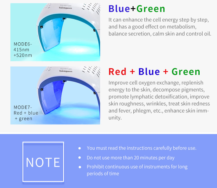 SQ1 LED Light Therapy Device, 292 Beads 7-Color Photon Facial Skin Rejuvenation Machine, Red Blue Green PDT for Face Skin Care Anti-Aging Acne Oil Control