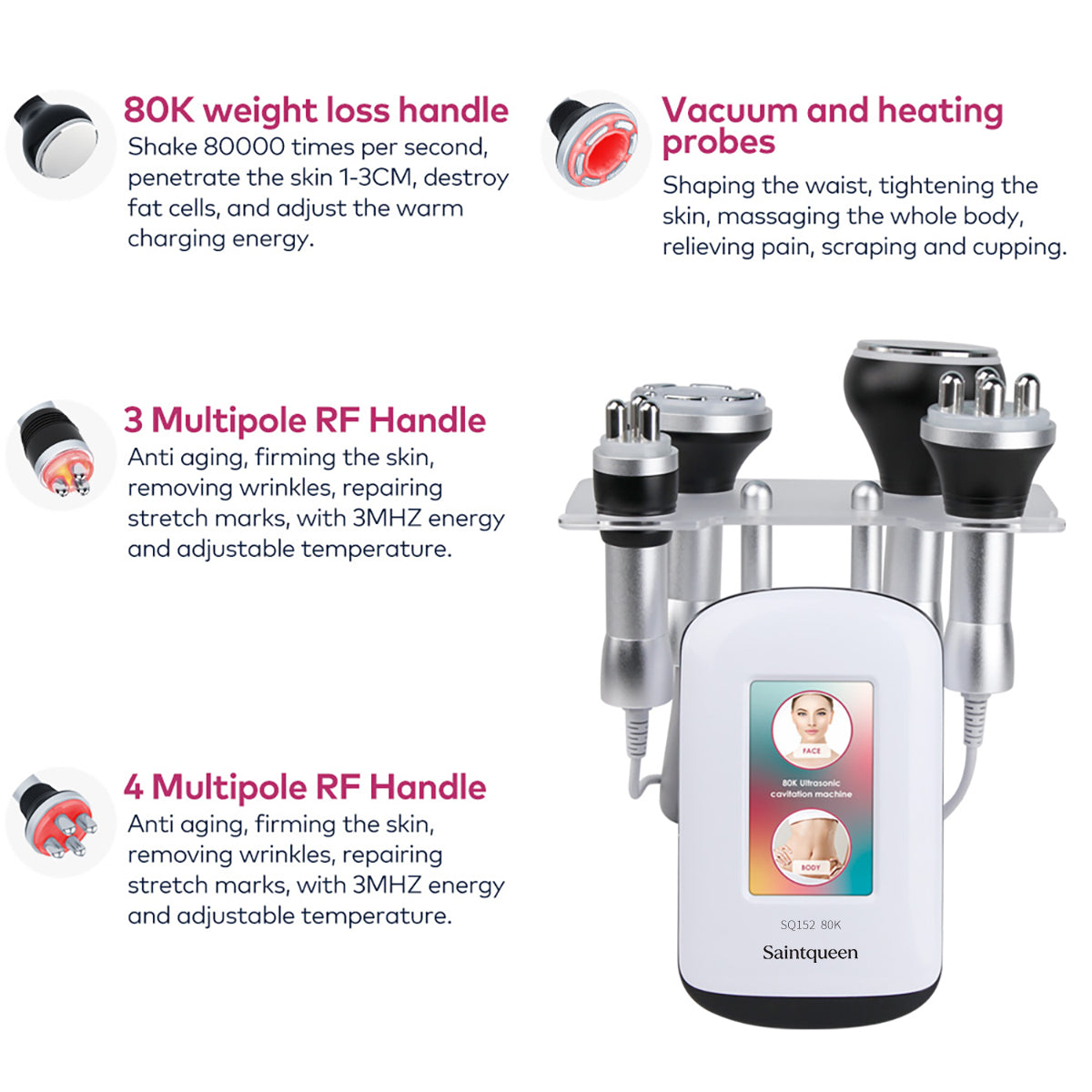 SQ152 Basic, 4in1 80K Ultrasonic Cavitation Machine, Vacuum RF Body Sculpting & Skin Tightening Device for Face & Body